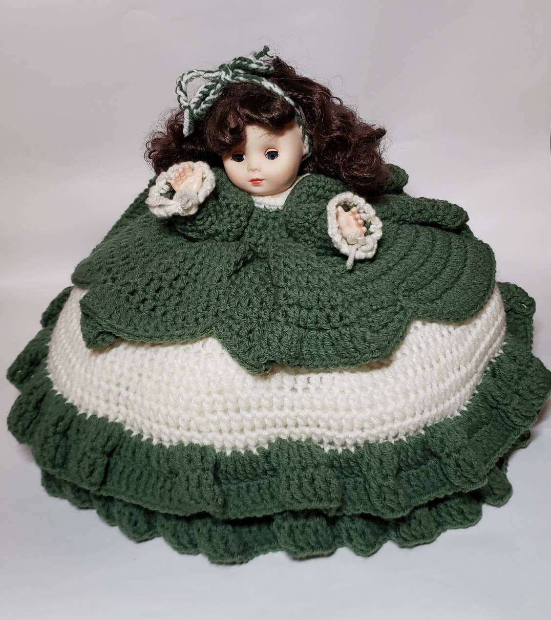 Bed Pillow Doll With Handmade Crochet Green and Cream Dress Etsy