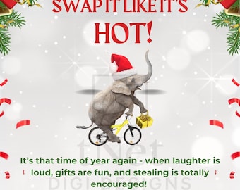 Invitación editable y divertida para fiesta navideña con un elefante blanco. Fácil de personalizar (descarga digital).