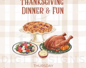 Invitación de Acción de Gracias con cuadros y flores / Reunión compartida / Descarga digital instantánea