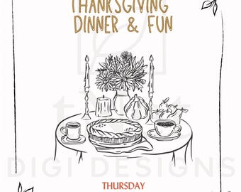 Invitación minimalista de Acción de Gracias con arte lineal / Descarga digital instantánea