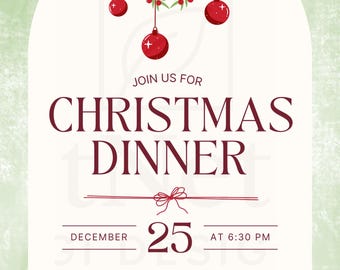 Invitación editable para cena navideña / Verde y roja / Fácil de personalizar (Descarga digital)