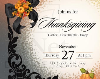 Elegante invitación de Acción de Gracias / Diseño de lazo negro y calabaza / Descarga digital instantánea