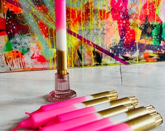 Paket Handgetunkte bunte Neon Dip Dye Kerzen Stabkerzen Farbverläufe, Neon pink & Gold Geschenkidee  Candels Limited Edition