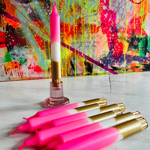 Paket Handgetunkte bunte Neon Dip Dye Kerzen Stabkerzen Farbverläufe, Neon pink & Gold Geschenkidee  Candels Limited Edition