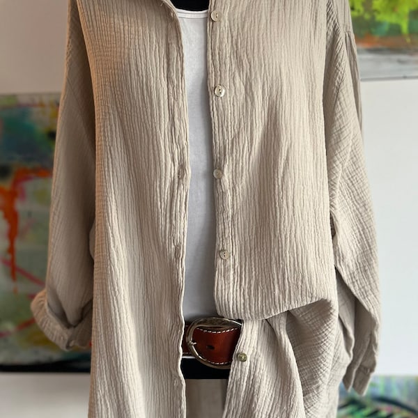 Musselin Bluse//Boho Style//beige//Spring//Sommer//Hemd mit Knopfleiste//Oversized//