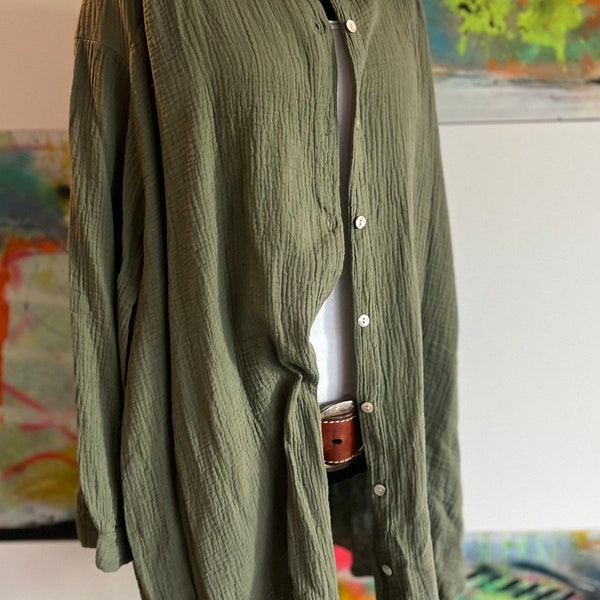 Musselin Bluse//Boho Style//Khaki//Spring//Sommer//Hemd mit Knopfleiste//Oversized//