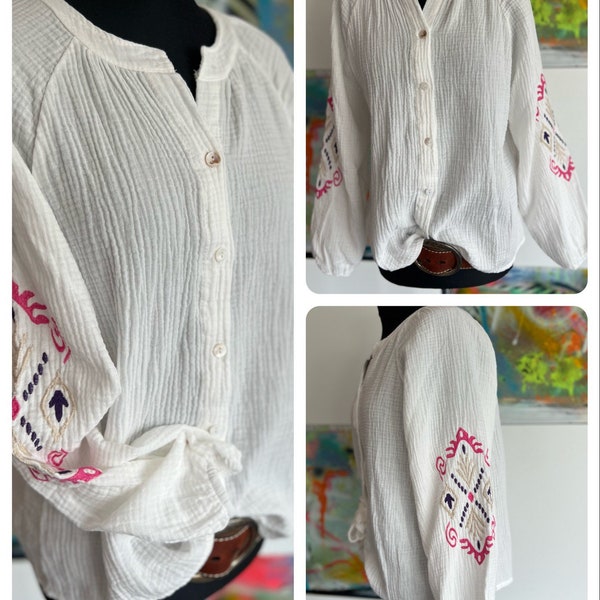 Musselin Bluse//Muselin Hemd//Boho Style//weiss//Stickerei//