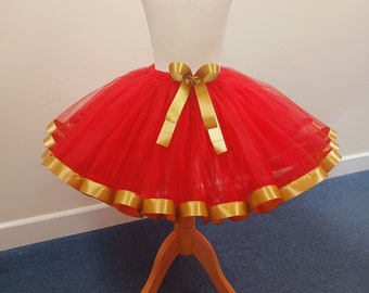 Red Tutu Skirt with Golden Trim For Girls Kids Baby 1st Birthday Gift Ideas Costume Party Princess Skirt Cake Smash Christmas Tulle Skirt