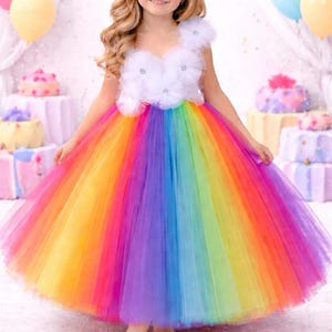 Vestito tutù arcobaleno per bambine con gonna lunga a vita alta e corpetto con fiori in tulle bianco, costume per servizio fotografico per feste di compleanno per bambine