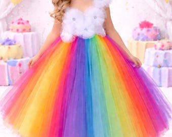 Girls Rainbow Tutu Dress with Full Length High Waist Skirt & White Tulle Flowers Bodice, Toddler Birthday Party Photoshoot Outfit, Costume
