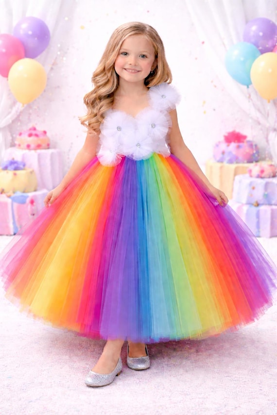 Girls Rainbow Tutu Dress With Full Length High Waist Skirt & White Tulle Flowers Bodice, Toddler Birthday Party Photoshoot Outfit, Costume