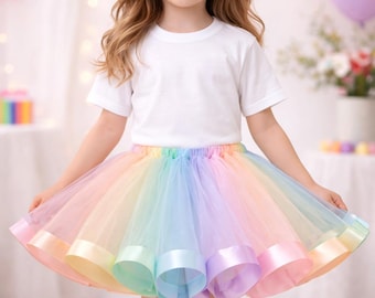 Girls Pastel Rainbow Tutu Skirt 1st Birthday Party Outfit Baby Shower Skirt Kids Fancy Dress Unicorn Costume Cake Smash Toddler Tulle Skirt