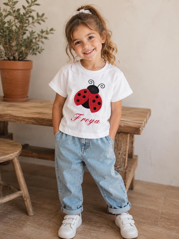 Kids Personalised Ladybird Appliqué Embroidered Birthday T‑Shirt – Custom Name & Age Party Gift