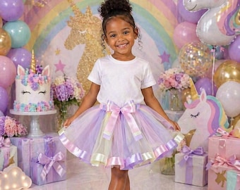 Girls Unicorn Tutu Skirt – Toddler Pastel Tulle Skirt Kids 1st Birthday Party Outfit Fancy Dress Costume Dress Up Baby Shower Cake Smash