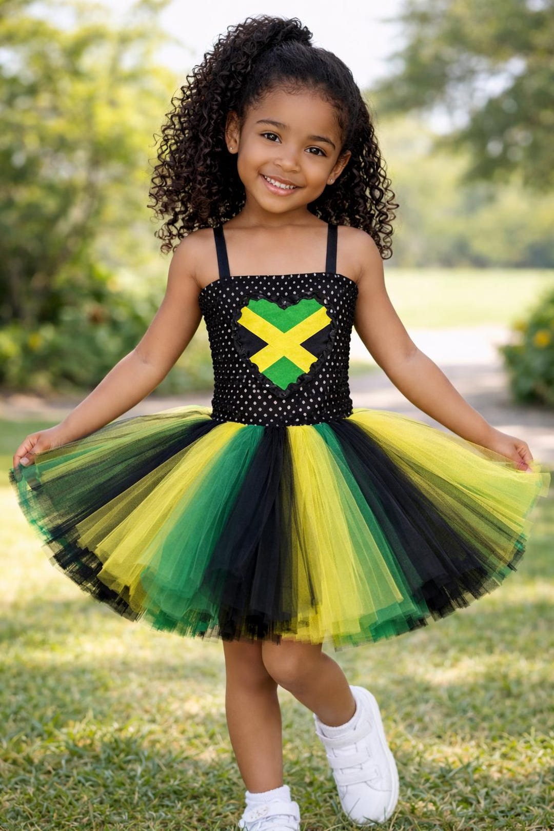Girls Jamaican Style Tutu Dress Black Yellow Green Birthday Party 
