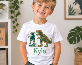 Boys Personalised Dinosaur Appliqué Embroidered Birthday T‑Shirt – Kids Custom Name & Age Party Gift