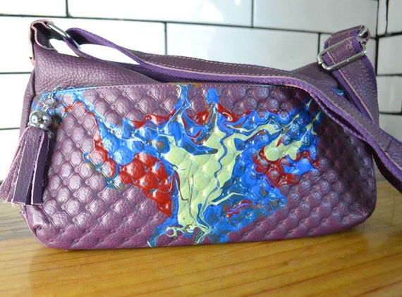Upcycled Bag, Purple Quilted Baguette Bag, Purple Handbag, Crossbody Handbag, Quoted Bag, Handpainted Handbag, Purple Shoulder Bag