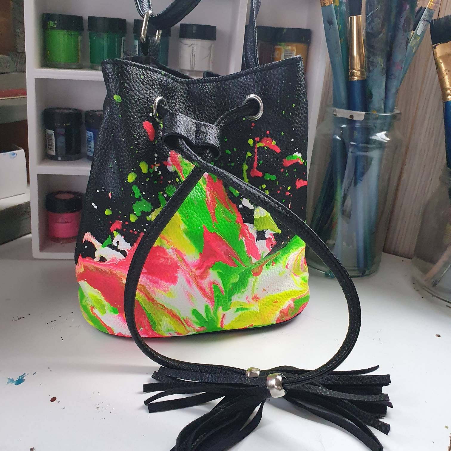 Upcycled BagMini Bucket Bag , Neon Handpainted Mini Bag , Bucket Bag, 80s Handbag Womens,Casual Style Bag,Retro Bag, Graffiti Bag, Urban Bag