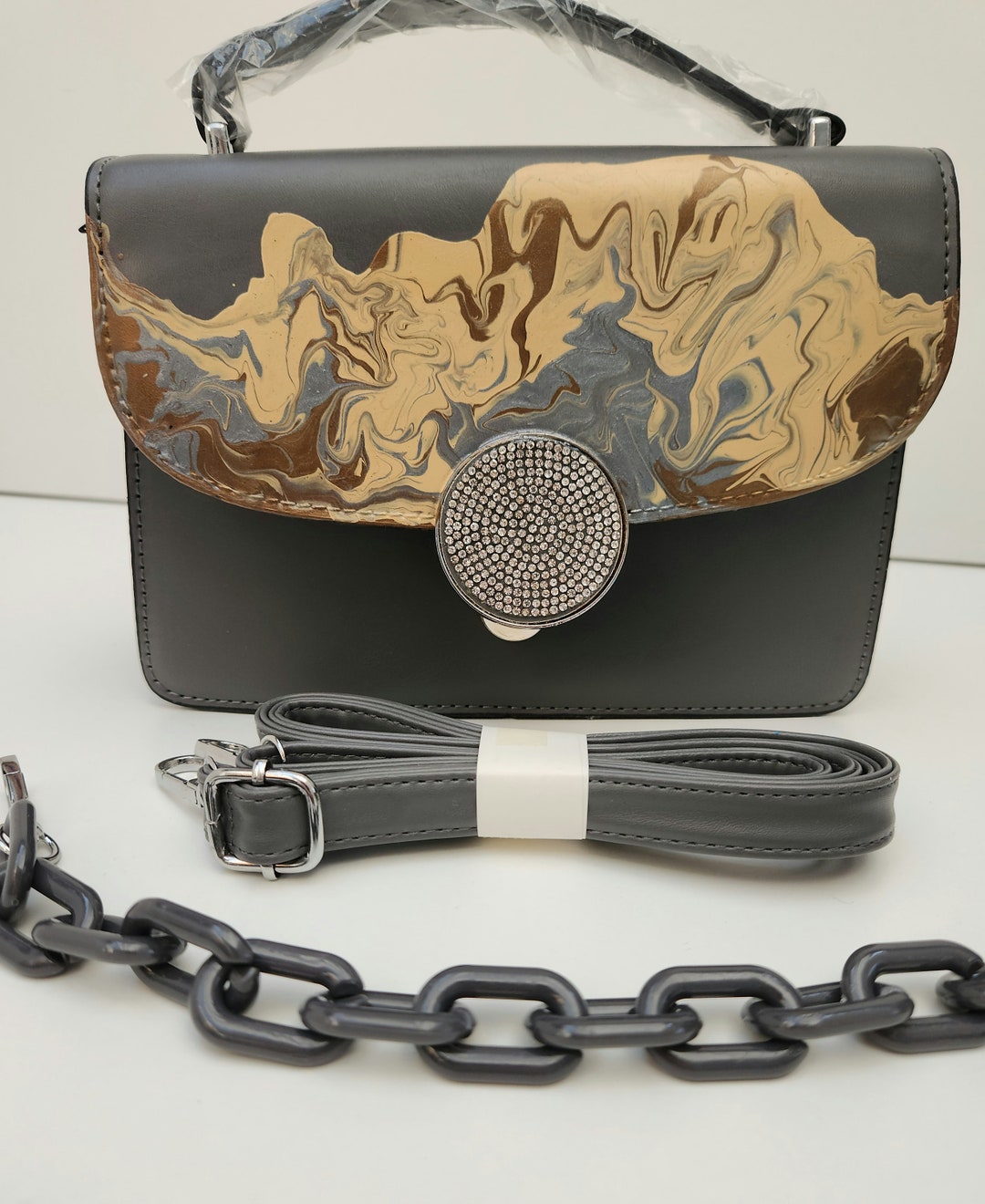 Handle Handbag, Grey Bag,statement Purse,mini Handbag,handpainted Handbag, Ladies Handbag,unique