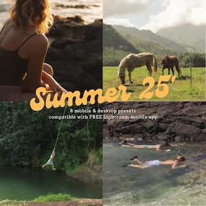 May include: A collage of four images featuring summer scenes. The top left image shows a woman sitting on a rocky beach. The top right image shows two horses grazing in a field. The bottom left image shows a person jumping into a river. The bottom right image shows two people snorkelling in a clear blue ocean. The text "Summer 25'" is displayed in a yellow, retro font. The text "8 mobile & desktop presets" and "compatible with FREE Lightroom mobile app" is also displayed.