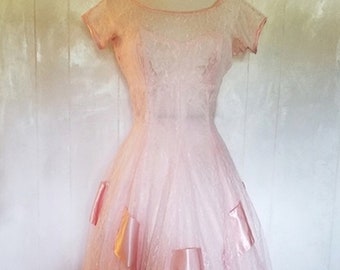 Pink Satin Lace Tulle 1950 vintage formal prom dress