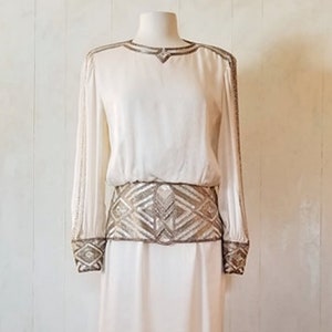 Vintage 1980&#39;s Silk Beaded Art Nouveau Inspired Formal Wedding  Dress