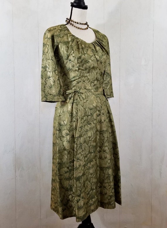 Vintage 1960 Green Brocade Dinner Dress