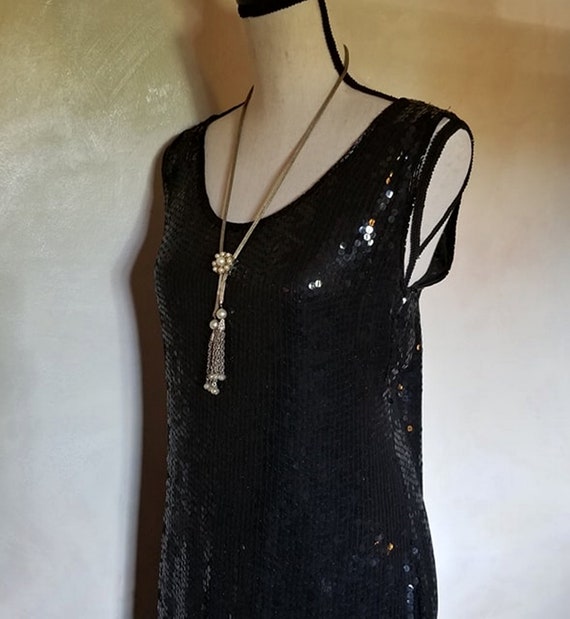 Vintage 1980 Eighties Black Sequin Dress Sleevele… - image 5