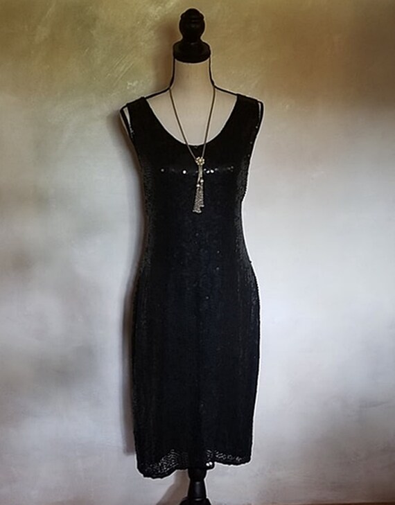 Vintage 1980 Eighties Black Sequin Dress Sleevele… - image 4