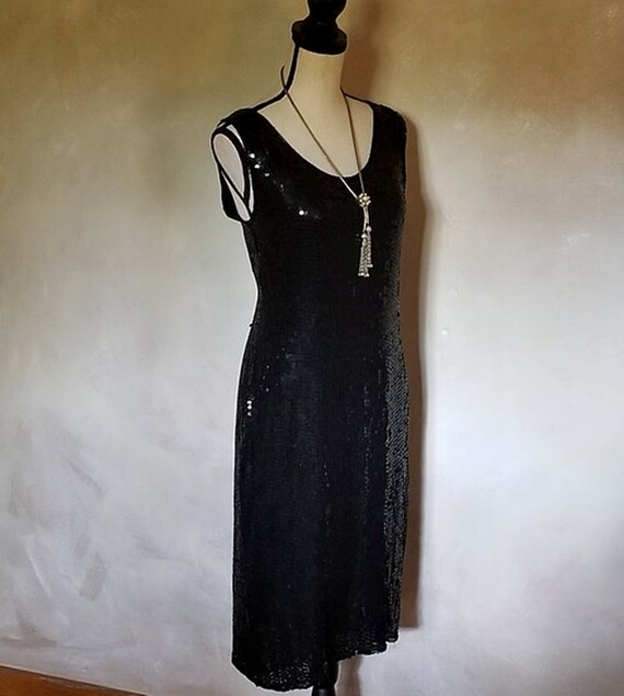 Vintage 1980 Eighties Black Sequin Dress Sleevele… - image 6