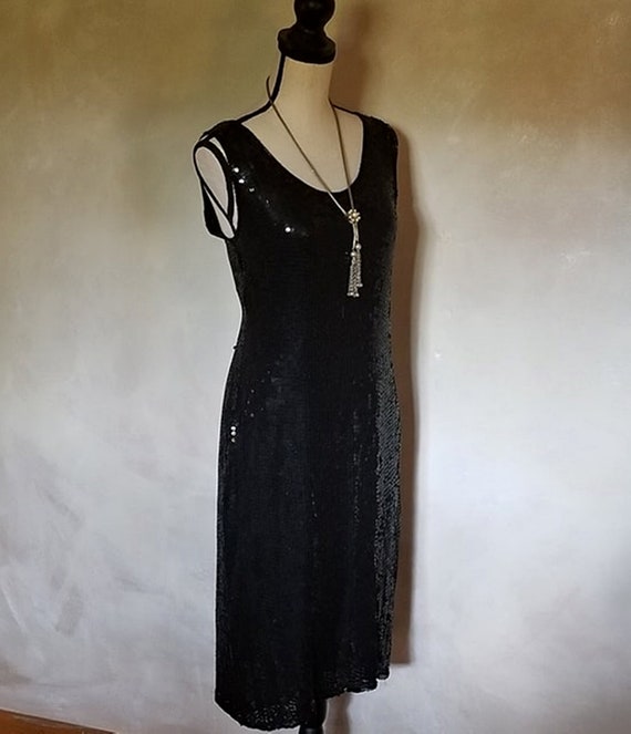 Vintage 1980 Eighties Black Sequin Dress Sleevele… - image 3