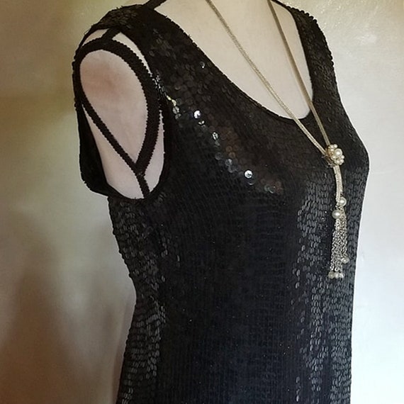 Vintage 1980 Eighties Black Sequin Dress Sleevele… - image 2