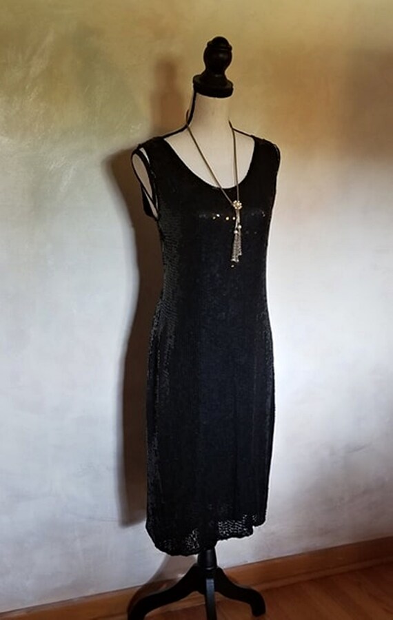 Vintage 1980 Eighties Black Sequin Dress Sleevele… - image 8