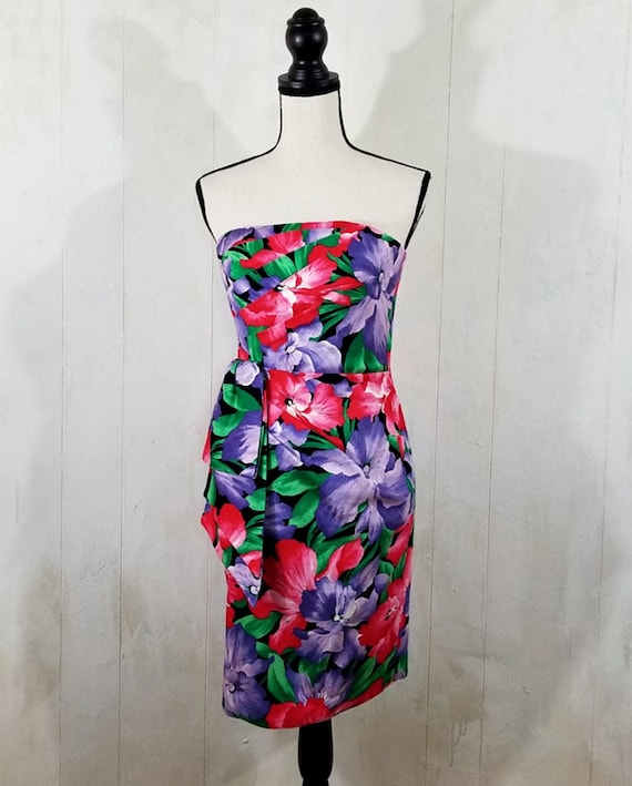 Vintage Strapless Tropical Print Dress