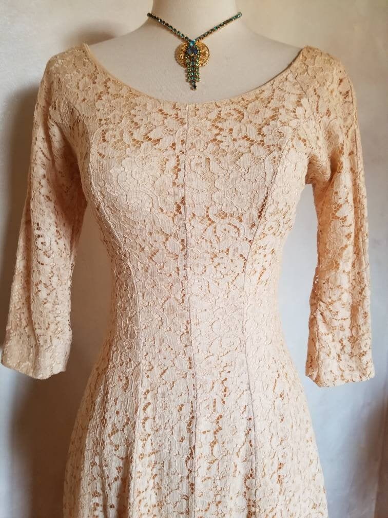 1950 Dress/ Vintage Gold Lace Dress/Copper Gold fifties Dress/Vintage Woman/XS Vintage Dress