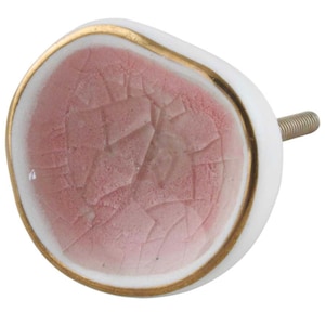 Pretty Glass Ceramic Gold Detail Crackle Pink White Drawer Knob, Modern Cabinet Hardware Farmhouse