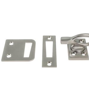 May include: Silver window latch with a loop handle and a rectangular plate. The latch has a square base with four holes for mounting.