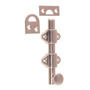 May include: A satin nickel door bolt with a round knob and two strike plates. The bolt is designed to be used on a door to prevent it from opening.