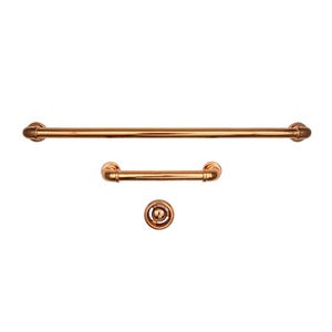 May include: A set of three copper-colored metal hardware pieces consisting of one long horizontal bar handle, one shorter horizontal bar handle, and one circular knob. Each piece features a smooth, reflective finish and industrial pipe-style ends.