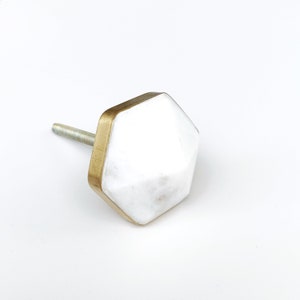 Hexagon Brass and White Marble &quot;Diamond&quot; Cabinet Drawer Knob, Modern Cabinet Hardware Farmhouse Drawer Pull