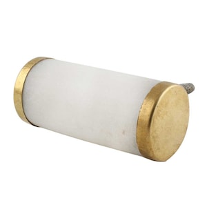 May include: White marble cabinet knob with a brass trim. The knob is cylindrical in shape and has a screw on the back.