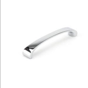 May include: A polished chrome cabinet pull with a curved design.