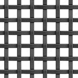 May include: A black metal mesh with a woven pattern. The mesh is made of thin, flat strips of metal that are woven together to create a grid.