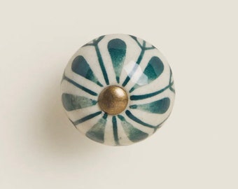 Dusty Green Flower Ceramic Drawer Knob Antique Brass Accent