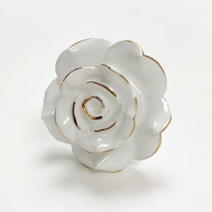 Ceramic White and Golden Finish lines "Rosie" Cabinet Knob,  Drawer Furniture Handle.