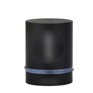 May include: A black cylindrical container with a blue band around the top. The container is made of a smooth, hard material.