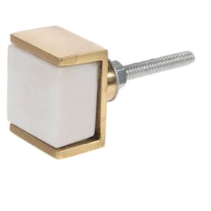 May include: A square cabinet knob with a white marble center and a gold metal frame. The knob has a silver screw.