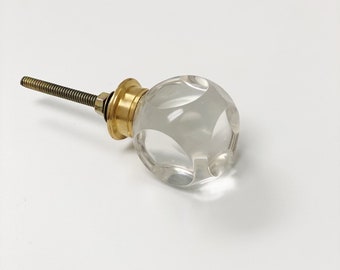 Clear Glass  Ends Cut with Brass Base Cabinet Knobs, Glass Drawer Hardware, Gold Drawer