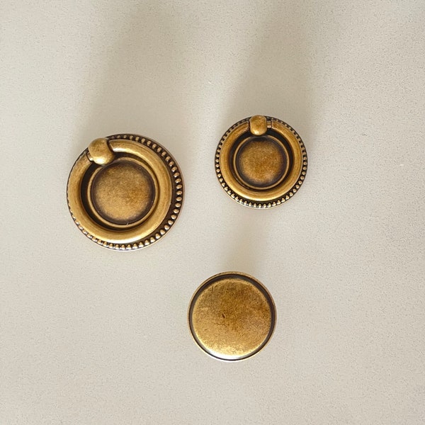 Antique Brass "Dots" Ring Pull and Cabinet Knob, Cabinet Drawer Pull, Modern Cabinet Hardware Farmhouse Drawer Pull