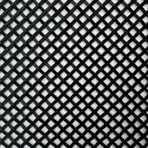 May include: Black metal mesh with a diamond pattern. The mesh is made of thin metal wires that are woven together to create a grid.